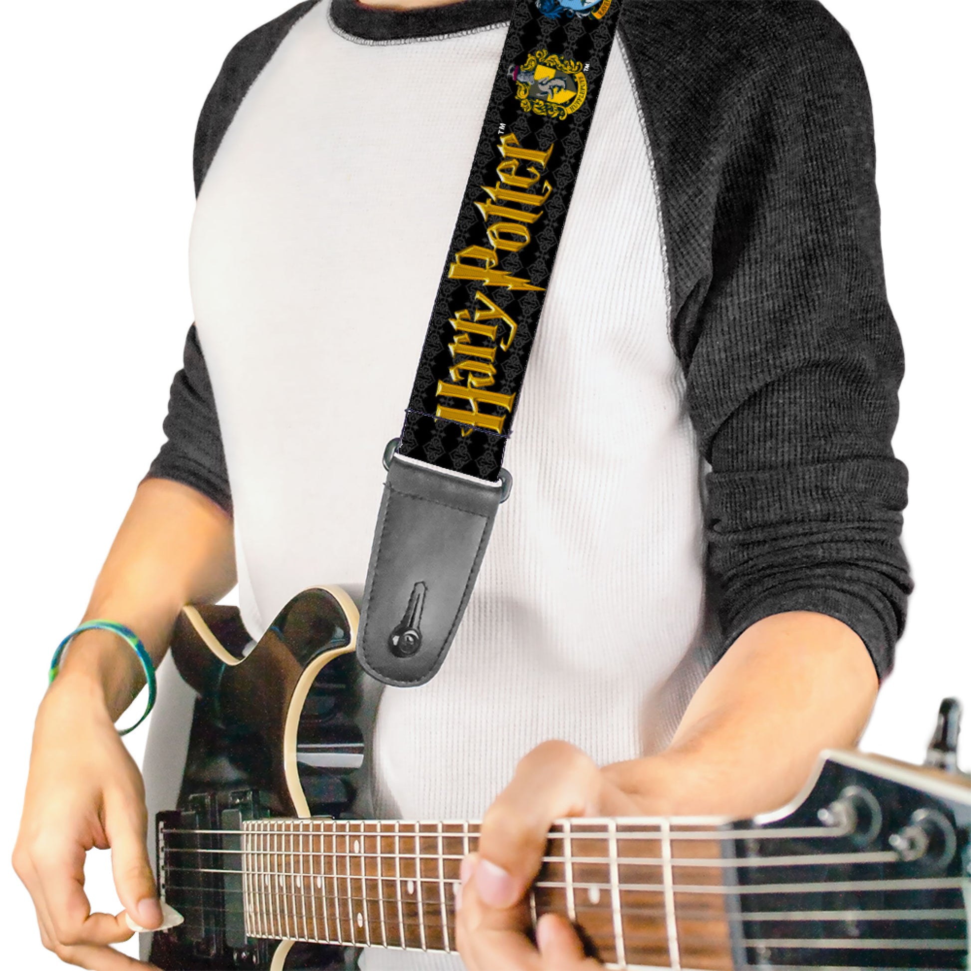Guitar Strap - HARRY POTTER Hufflepuff/Ravenclaw/Gryffindor/Slytherin Coat of Arms Black Guitar Straps Harry Potter