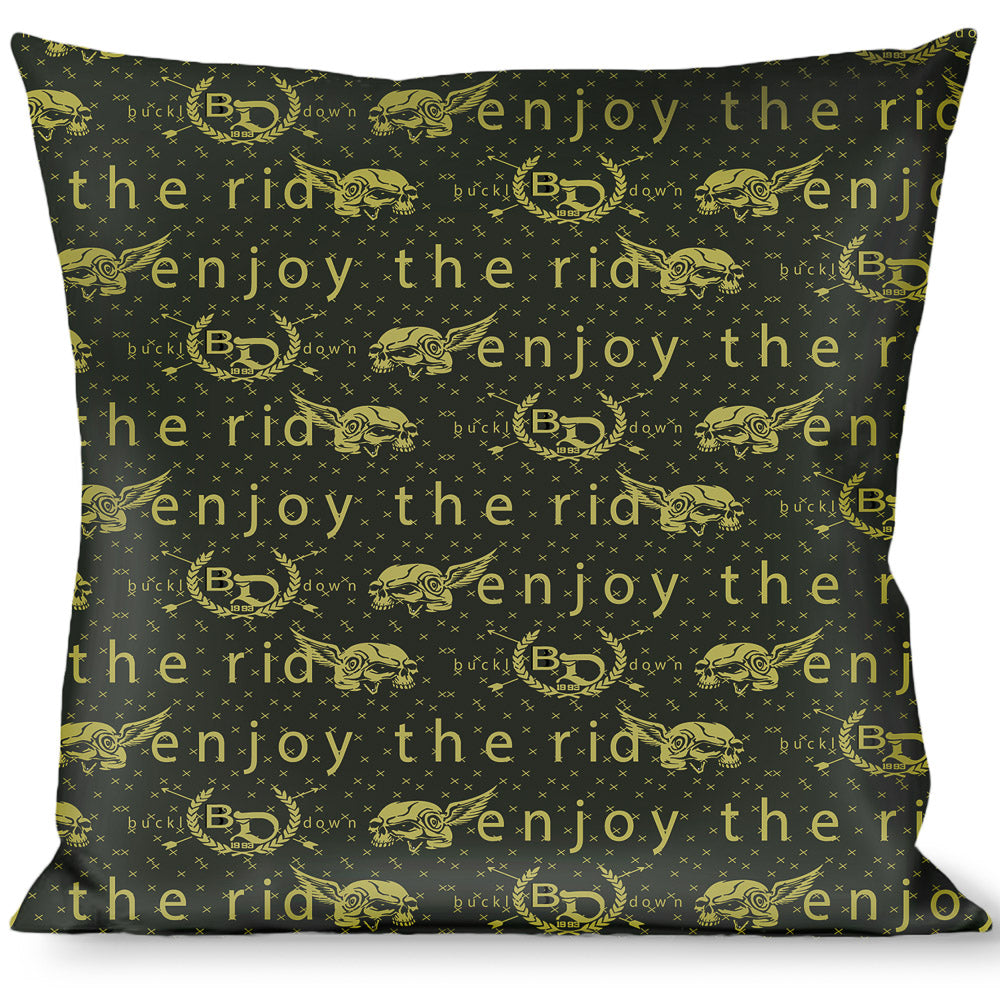 Buckle-Down Throw Pillow - BD Winged Skull ENJOY THE RIDE Olive/Lime Green Throw Pillows Buckle-Down   