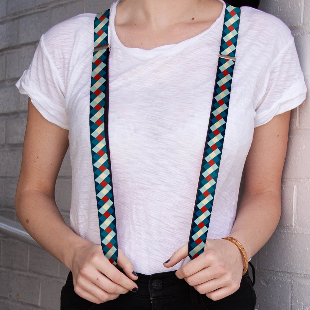 Suspenders - 1.0" - Diamond Plaid Blues Khaki Red Suspenders Buckle-Down   