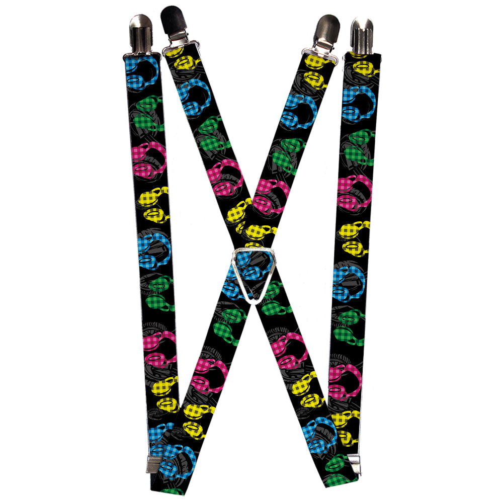 Suspenders - 1.0" - Headphones Buffalo Plaid Black/Neon Suspenders Buckle-Down   