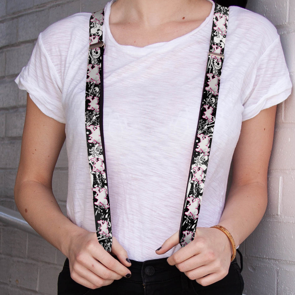 Suspenders - 1.0" - Heart & Cross Bones w/Skulls & Splatter Black/White Suspenders Buckle-Down   