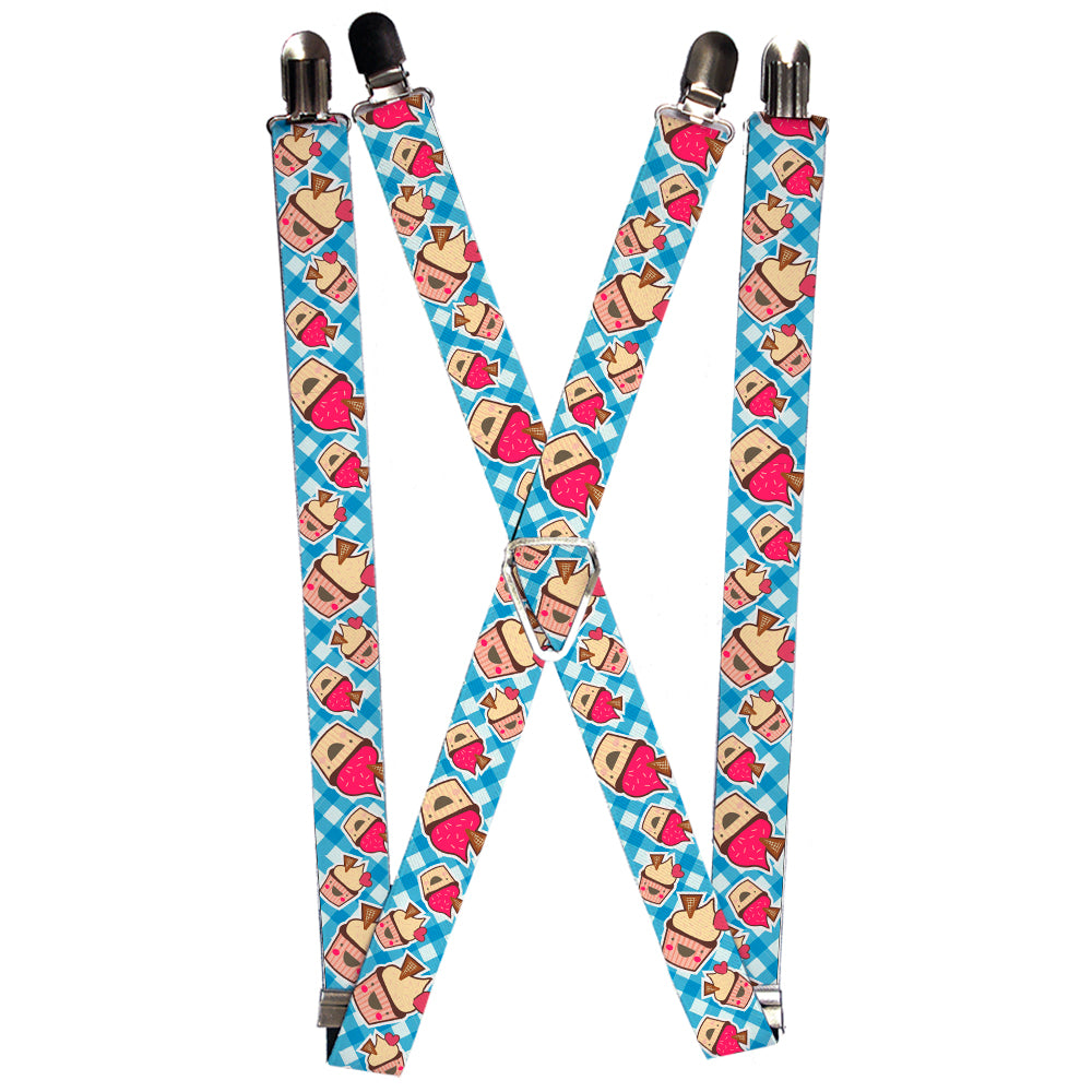 Suspenders - 1.0" - Happy Cupcakes Buffalo Plaid White/Blue Suspenders Buckle-Down   