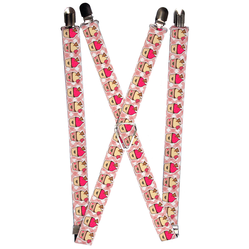 Suspenders - 1.0" - Happy Cupcakes Buffalo Plaid White/Pink Suspenders Buckle-Down   