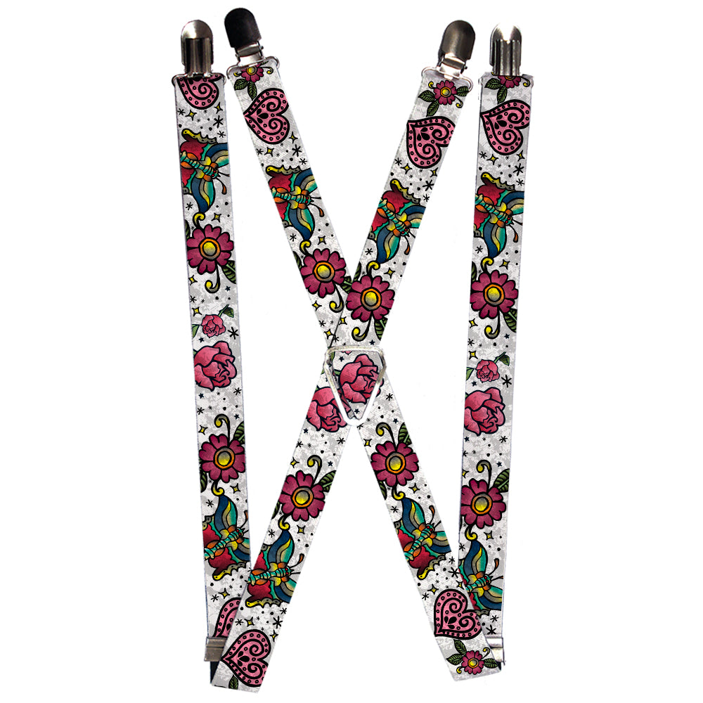 Suspenders - 1.0" - Love Kills CLOSE-UP White Suspenders Buckle-Down   
