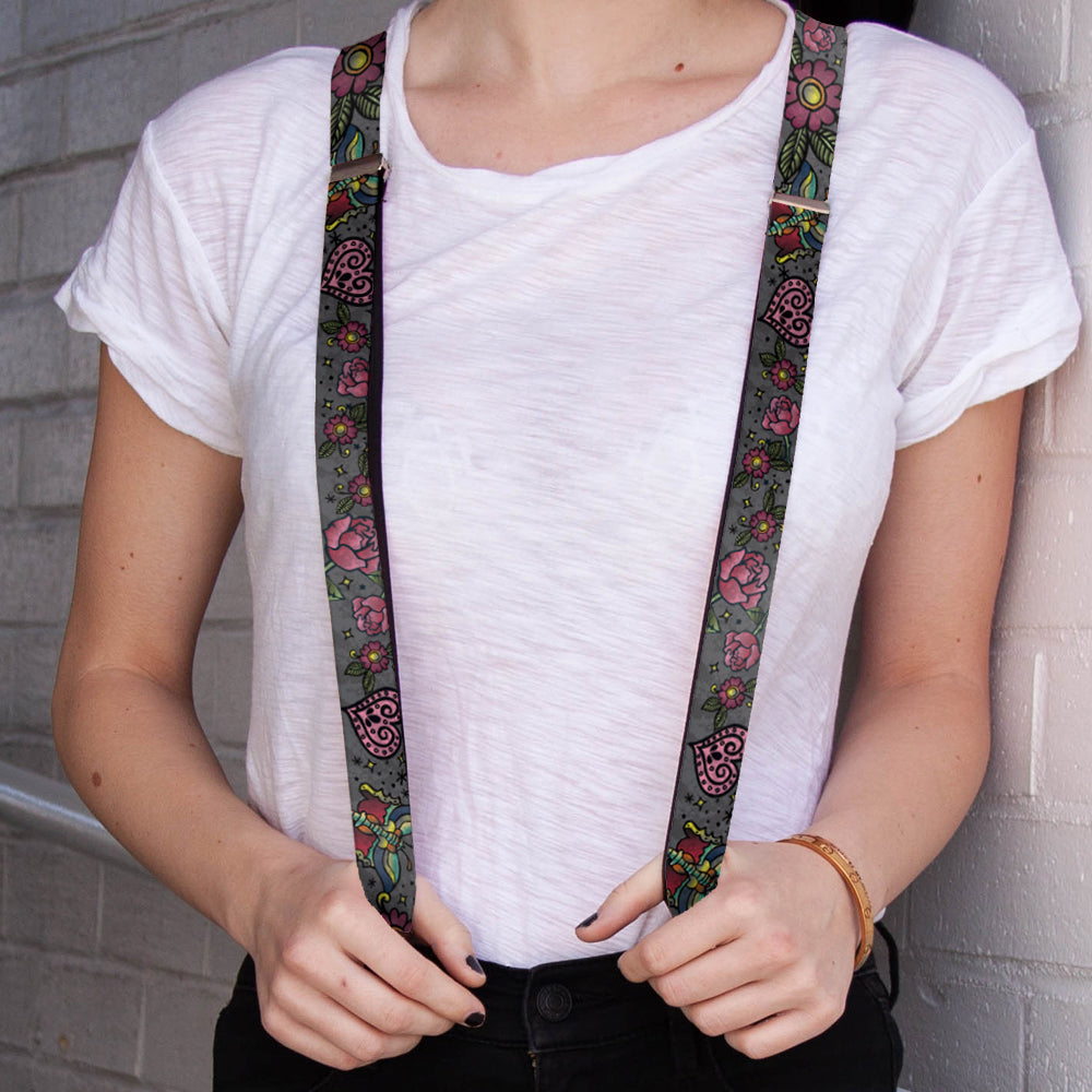 Suspenders - 1.0" - Love Kills CLOSE-UP Gray Suspenders Buckle-Down   