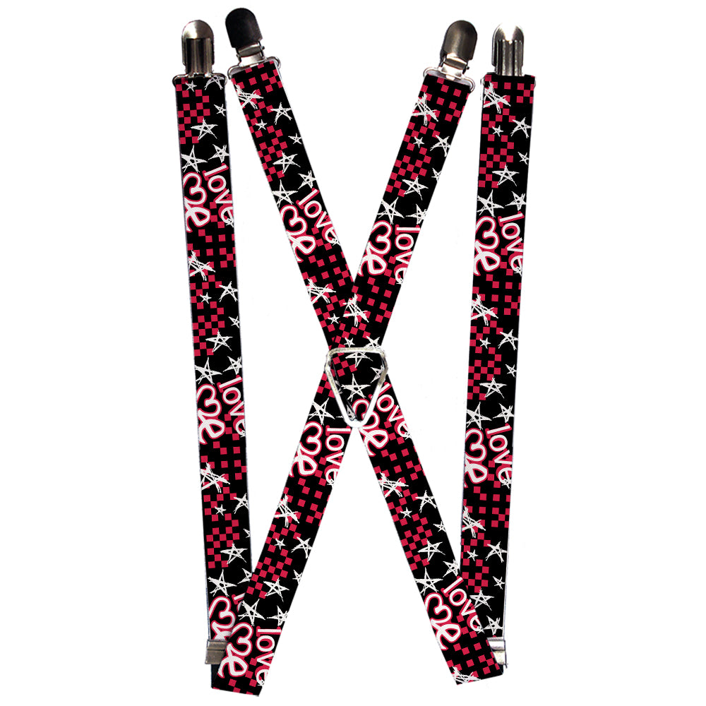 Suspenders - 1.0" - Love Me w/Sketch Stars & Checkers Black/Fuchsia/White Suspenders Buckle-Down   
