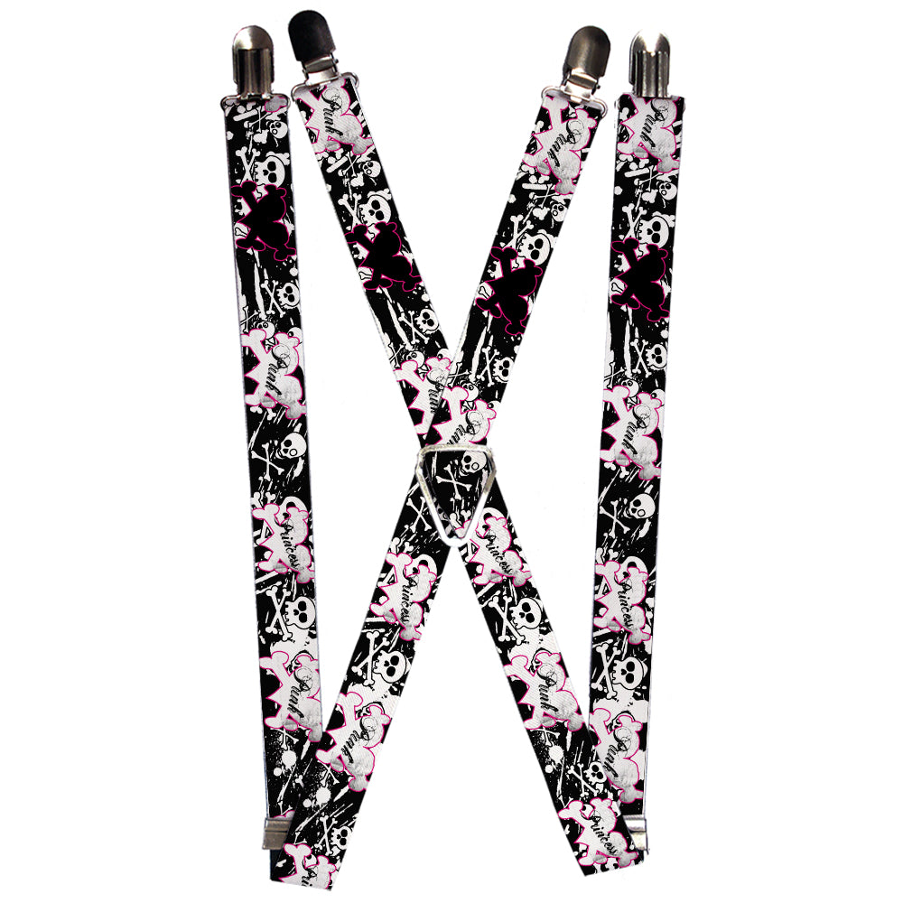 Suspenders - 1.0" - Punk Princess Heart & Cross Bones w/Skulls & Splatter Black/White Suspenders Buckle-Down   