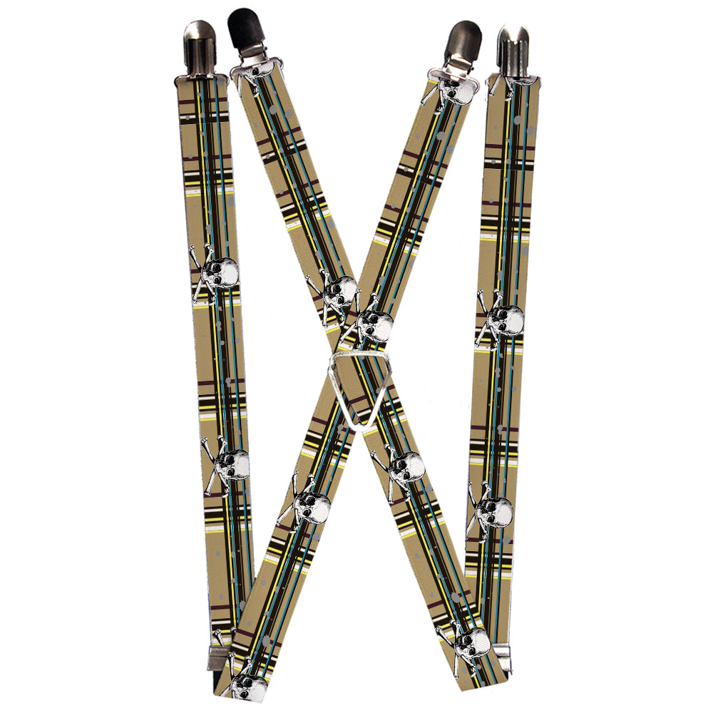 Suspenders - 1.0" - Skull & Cross Bones Plaid Tan Suspenders Buckle-Down   