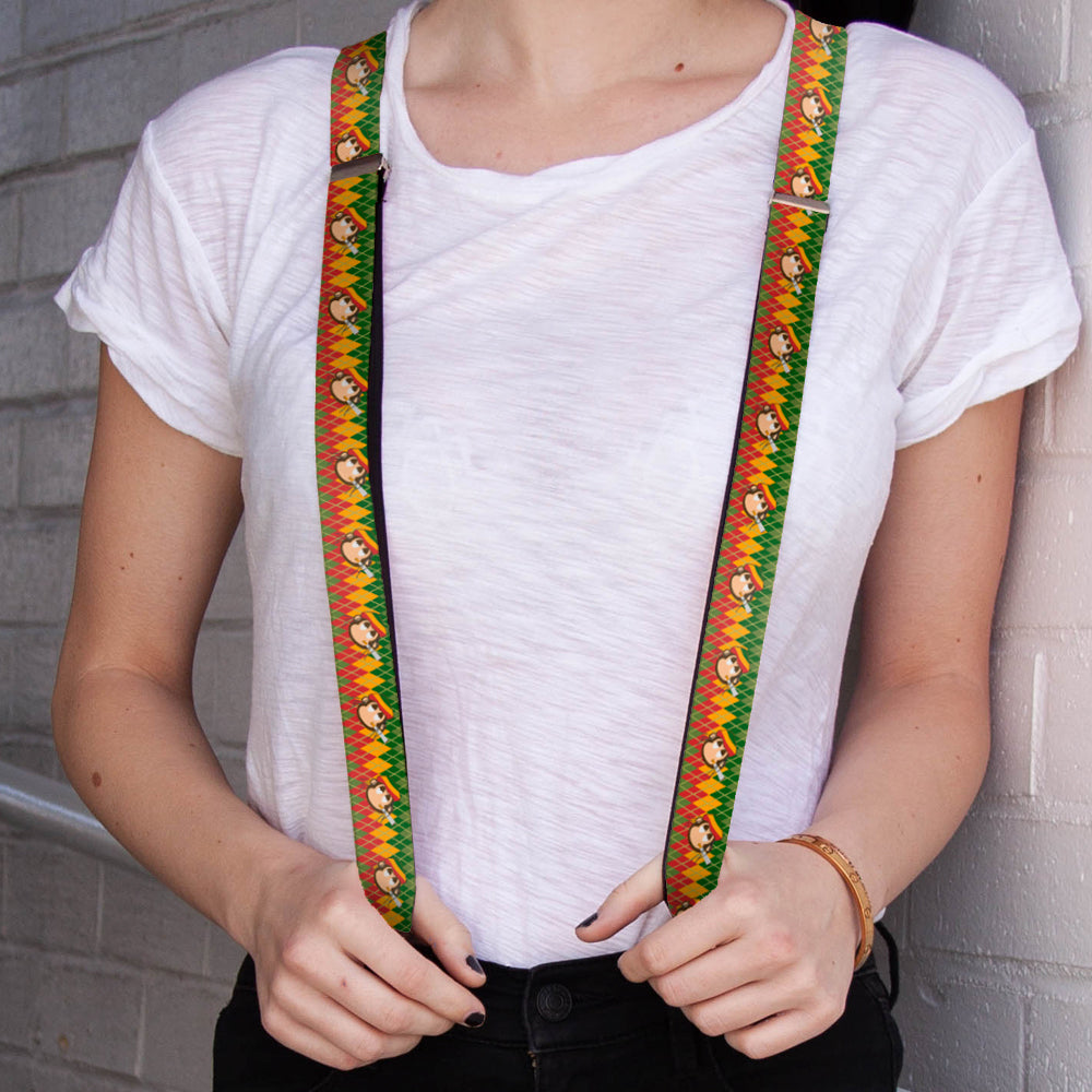 Suspenders - 1.0" - Smoking Monkey Repeat Argyle Rasta Suspenders Buckle-Down   
