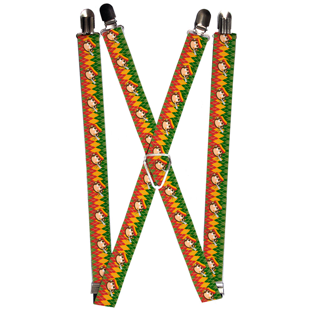 Suspenders - 1.0" - Smoking Monkey Repeat Argyle Rasta Suspenders Buckle-Down   