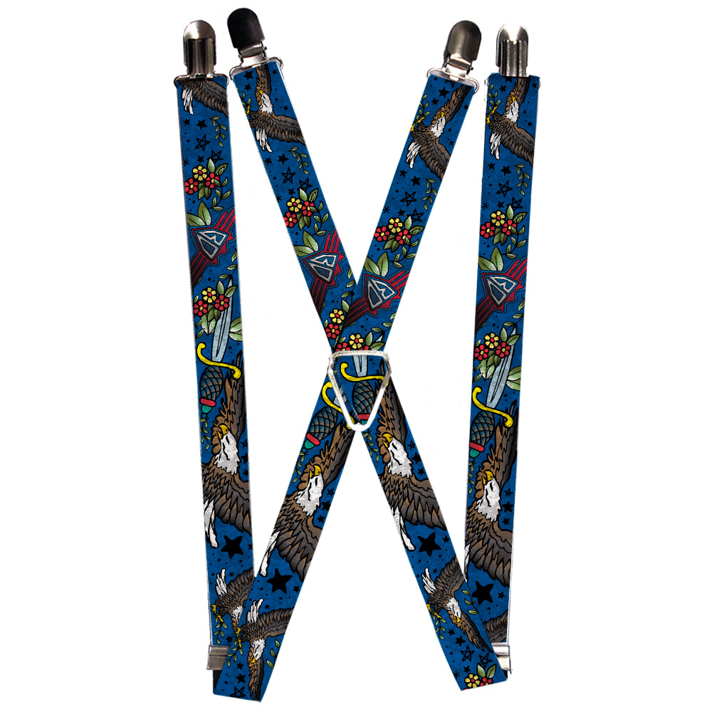 Suspenders - 1.0" - Truth and Justice CLOSE-UP Blue Suspenders Buckle-Down   