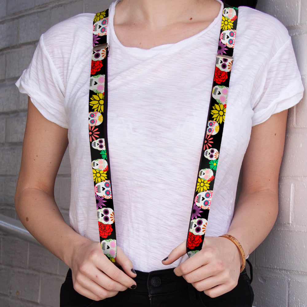 Suspenders - 1.0" - Sugar Skulls & Flowers Black/Multi Color Suspenders Buckle-Down   