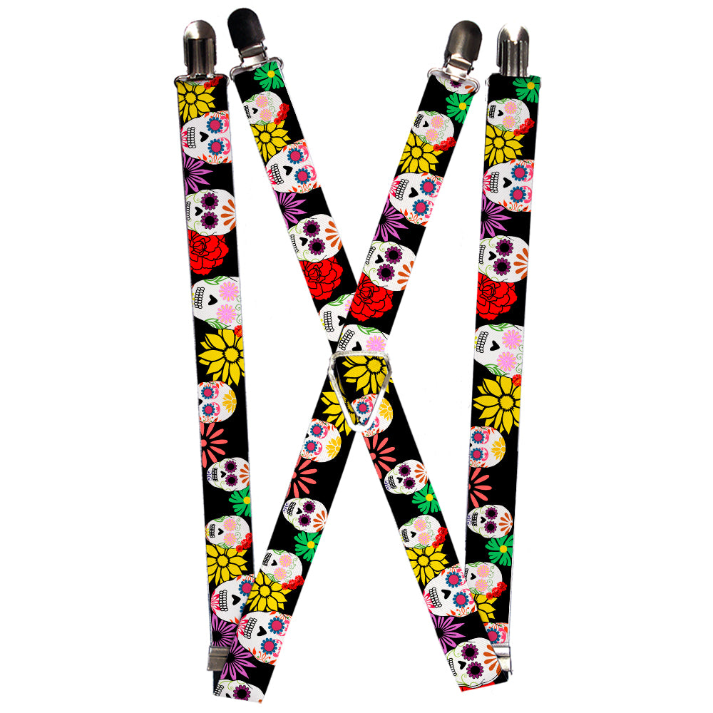Suspenders - 1.0" - Sugar Skulls & Flowers Black/Multi Color Suspenders Buckle-Down   
