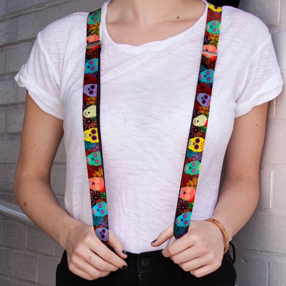 Suspenders - 1.0" - Painted Sugar Skulls & Flowers Collage Suspenders Buckle-Down   