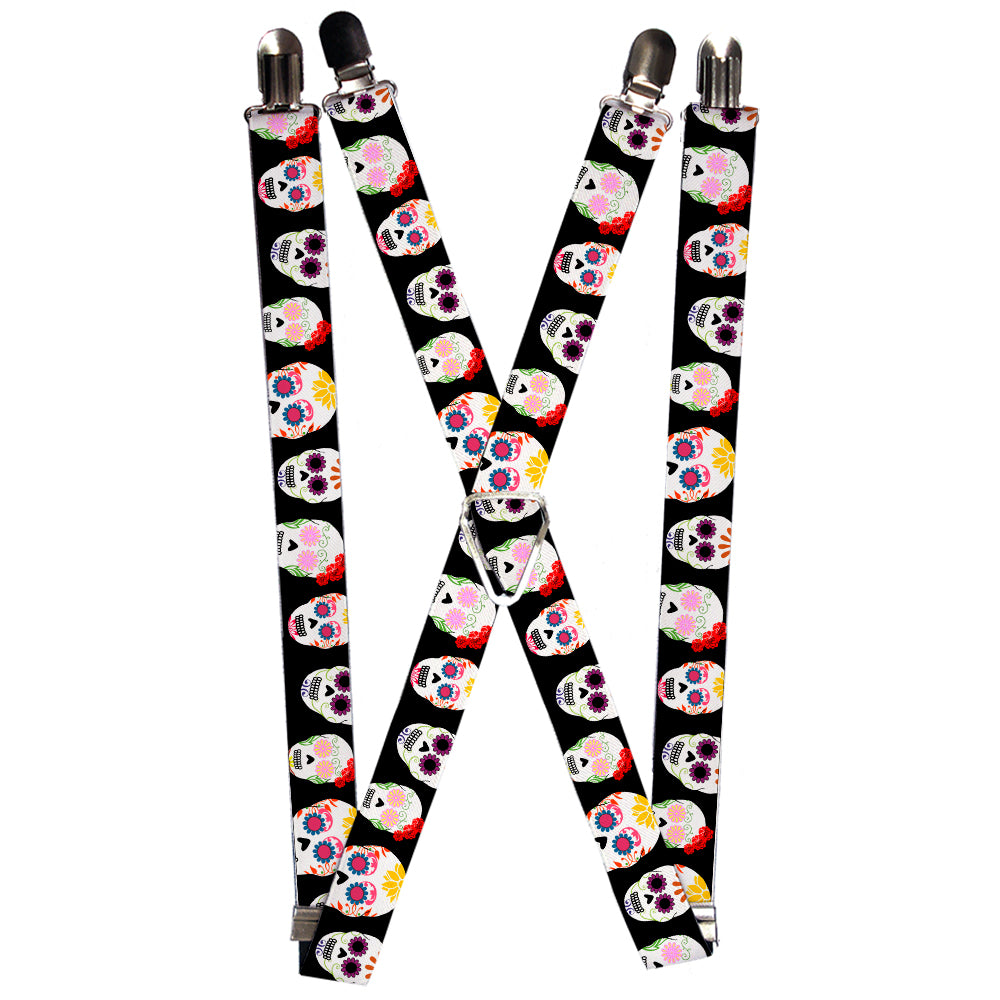 Suspenders - 1.0" - Staggered Sugar Skulls Black/Multi Color Suspenders Buckle-Down   