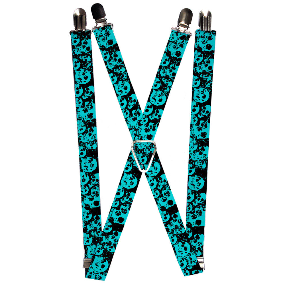 Suspenders - 1.0" - Skulls Stacked Weathered Black/Teal Suspenders Buckle-Down   