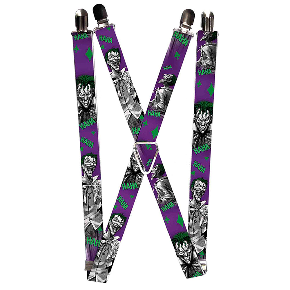 Suspenders - 1.0" - Joker Laughing Poses HAHA Purple Green Black White Suspenders DC Comics   