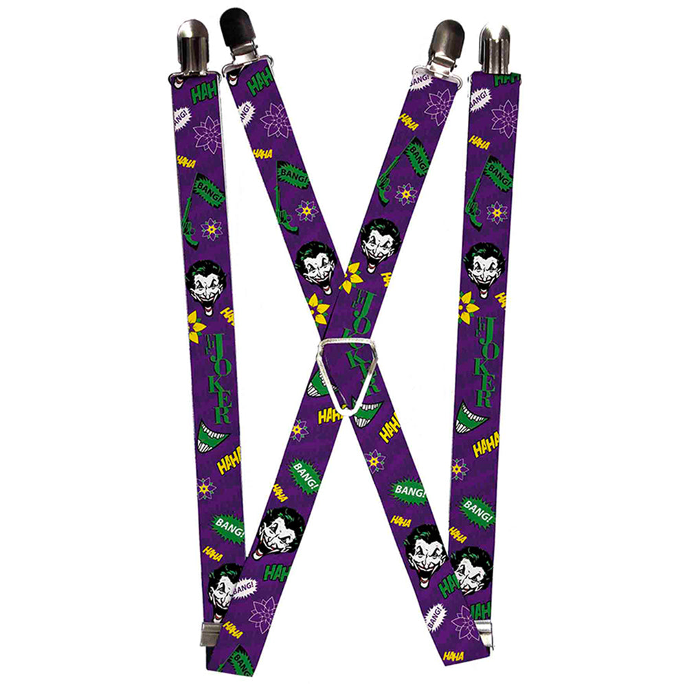 Suspenders - 1.0" - THE JOKER Face Elements Collage Purple Green Yellow White Suspenders DC Comics   
