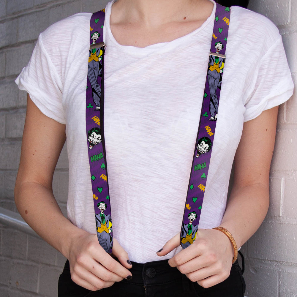 Suspenders - 1.0" - Joker Face Pose Elements Collage Purple Green Yellow Suspenders DC Comics   
