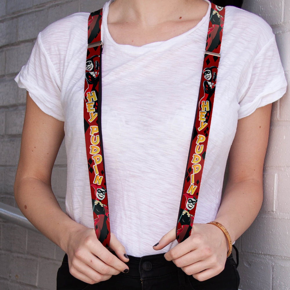 Suspenders - 1.0" - Harley Quinn 2-Poses Diamonds HEY PUDDIN Red Black Orange Suspenders DC Comics   