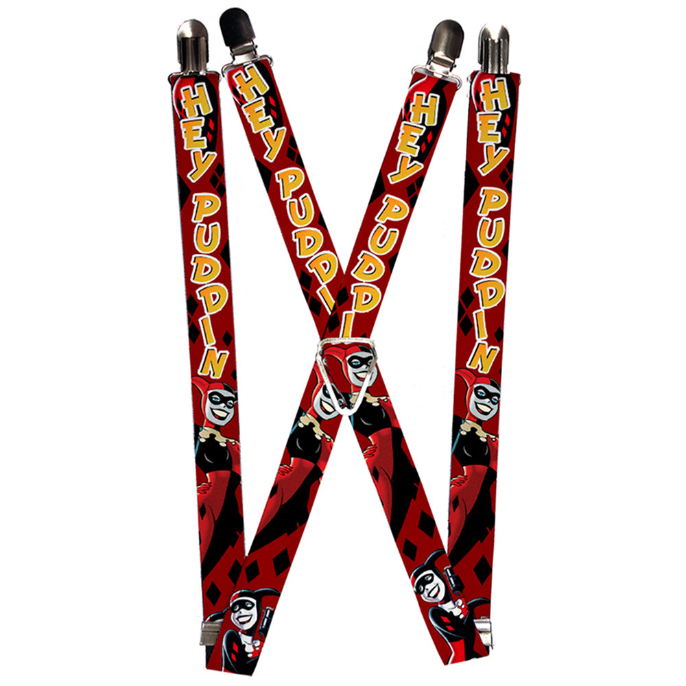 Suspenders - 1.0" - Harley Quinn 2-Poses Diamonds HEY PUDDIN Red Black Orange Suspenders DC Comics   