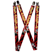 Suspenders - 1.0" - Harley Quinn 2-Poses Diamonds HEY PUDDIN Red Black Orange Suspenders DC Comics   