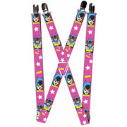 Suspenders - 1.0" - BATGIRL Face Pose w Logo & Stars Pink White Yellow Suspenders DC Comics   