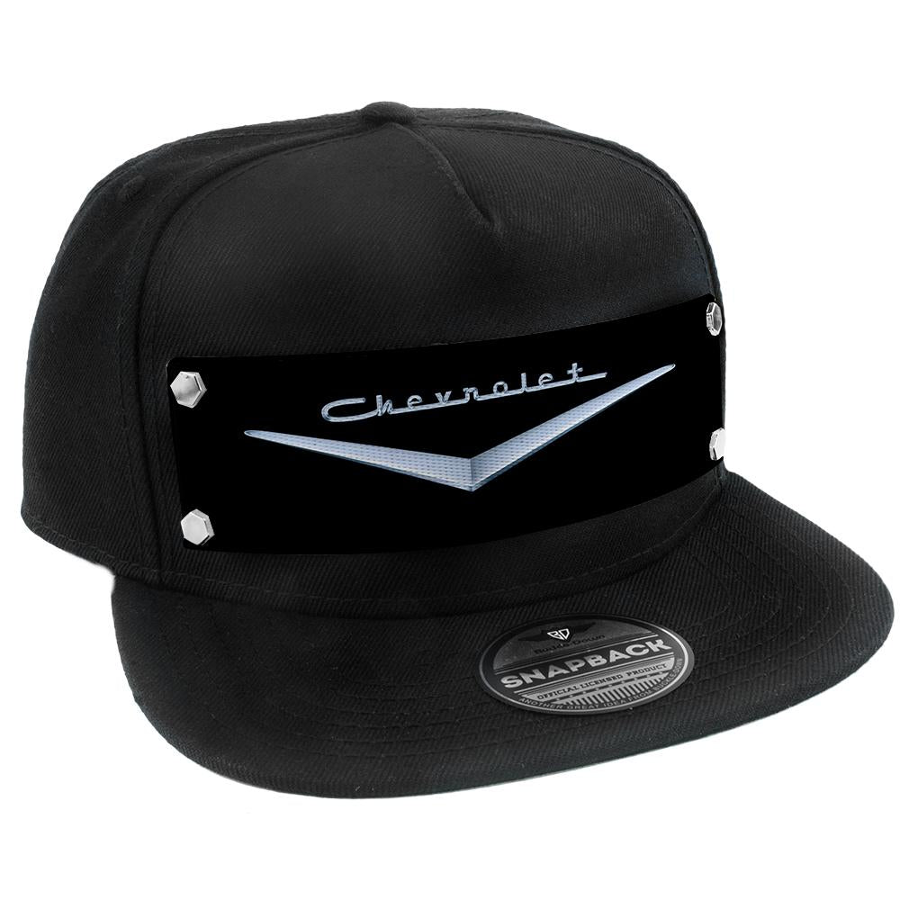 Embellishment Trucker Hat BLACK - Full Color Strap - 1955-57 CHEVROLET V Emblem Black/Silver Trucker Hats GM General Motors   