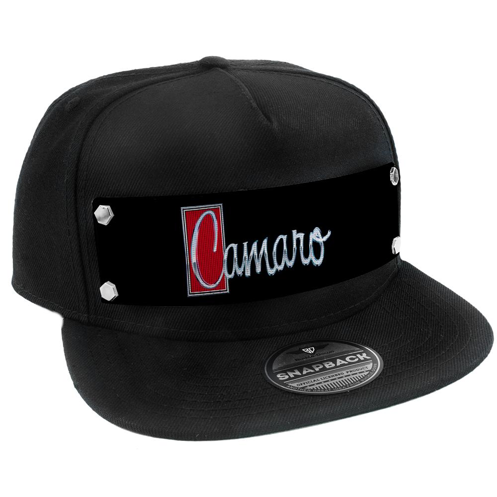 Embellishment Trucker Hat BLACK - Full Color Strap - 1972 CAMARO Script Emblem Black/Silver/Reds Trucker Hats GM General Motors   