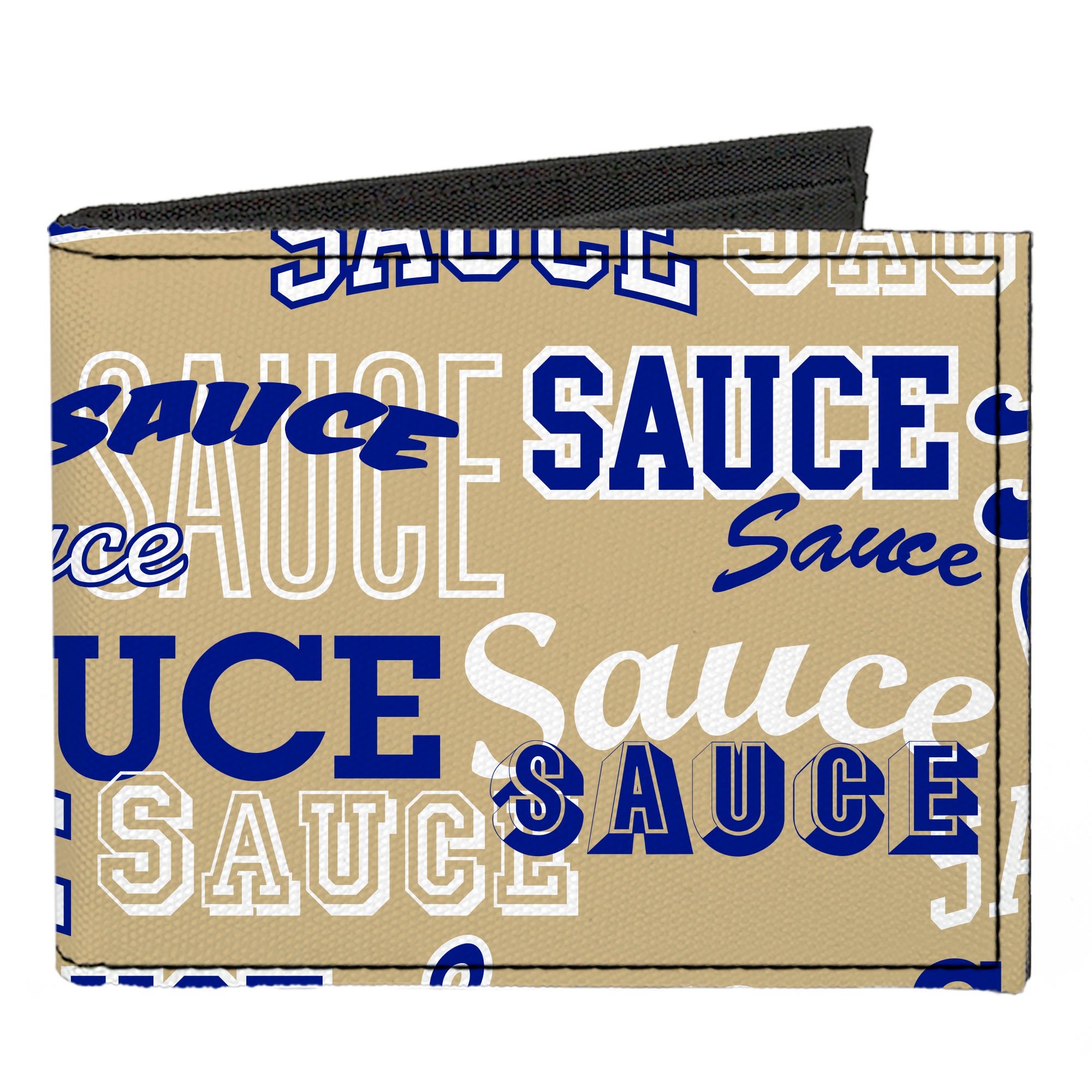Canvas Bi-Fold Wallet - SAUCE Typography Collage Tan/White/Blue Canvas Bi-Fold Wallets Buckle-Down   
