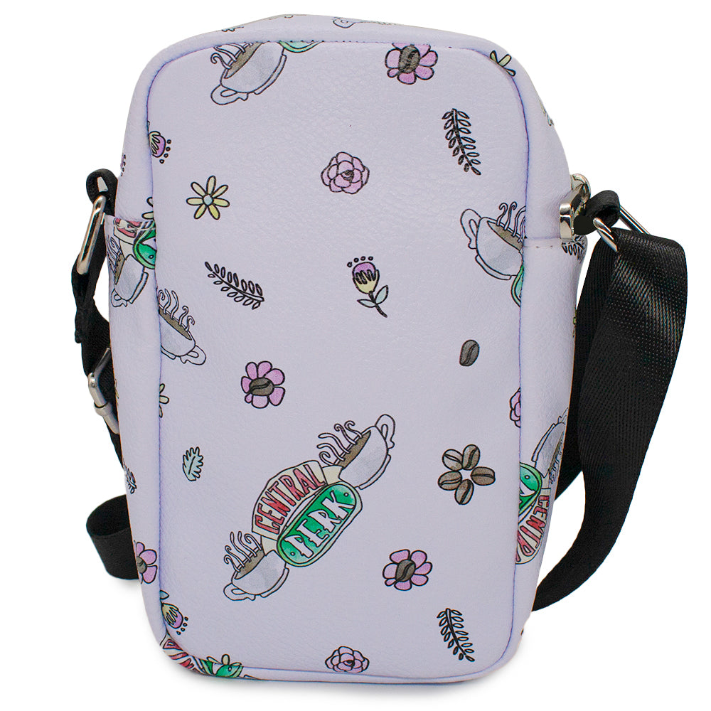 Women's Crossbody Wallet - Friends CENTRAL PERK Logo and Flowers Scattered White Crossbody Bags Friends   