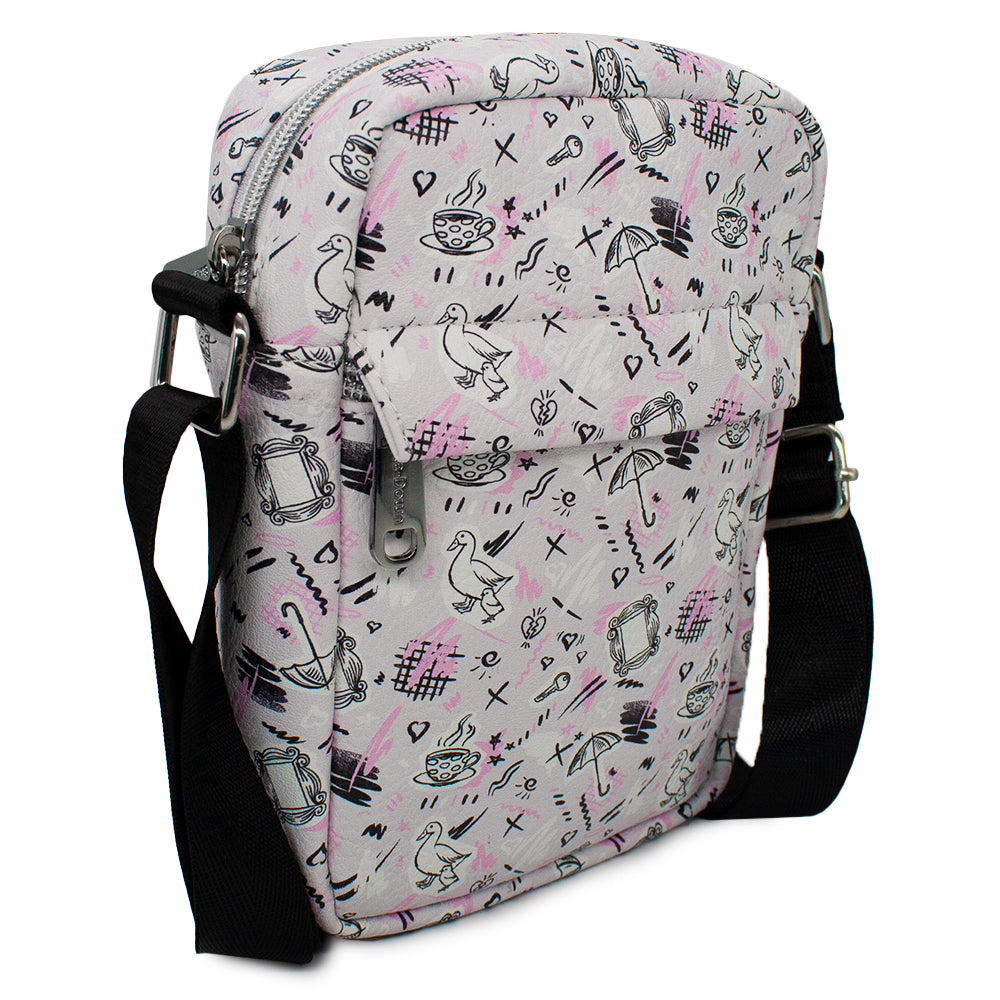 Women's Crossbody Wallet - Friends Television Show Icons Sketch Collage Gray Black Pink Crossbody Bags Friends   