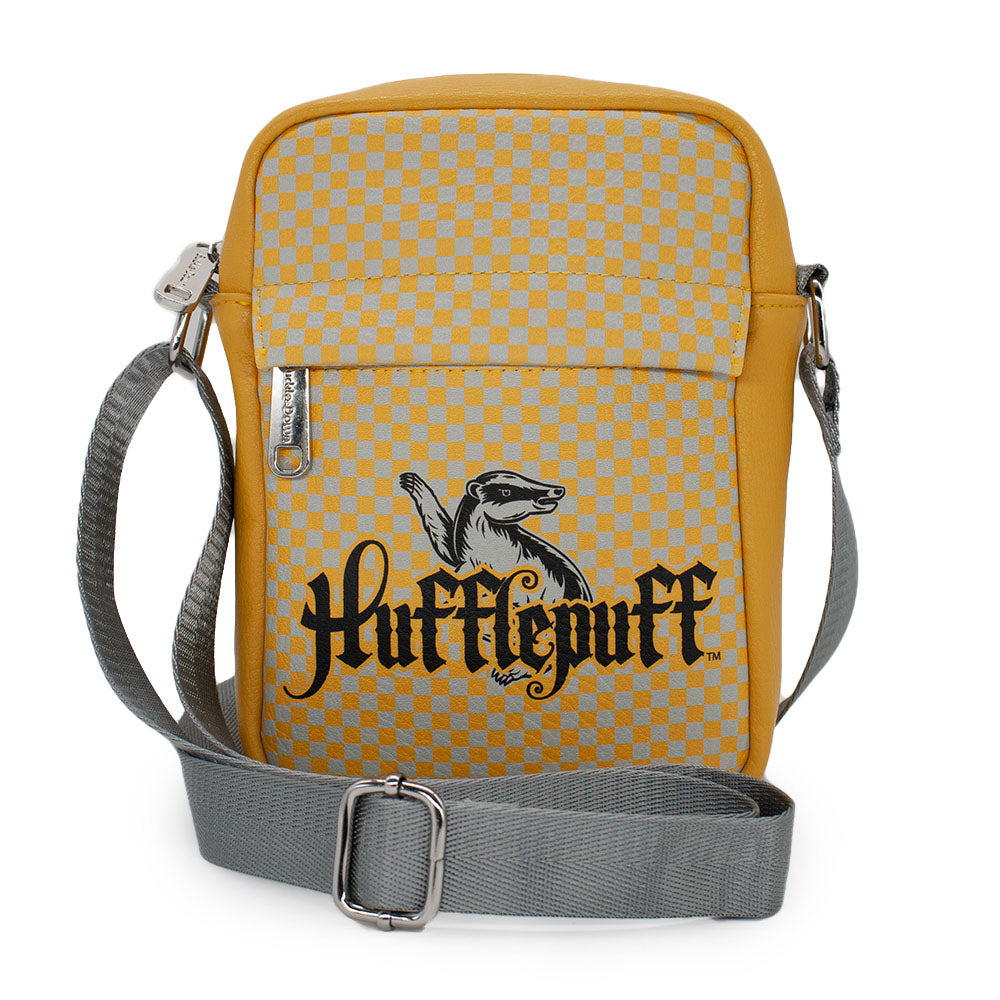 Women's Crossbody Wallet - Harry Potter HUFFLEPUFF Badger Icon Checker Yellow Gray Crossbody Bags Harry Potter