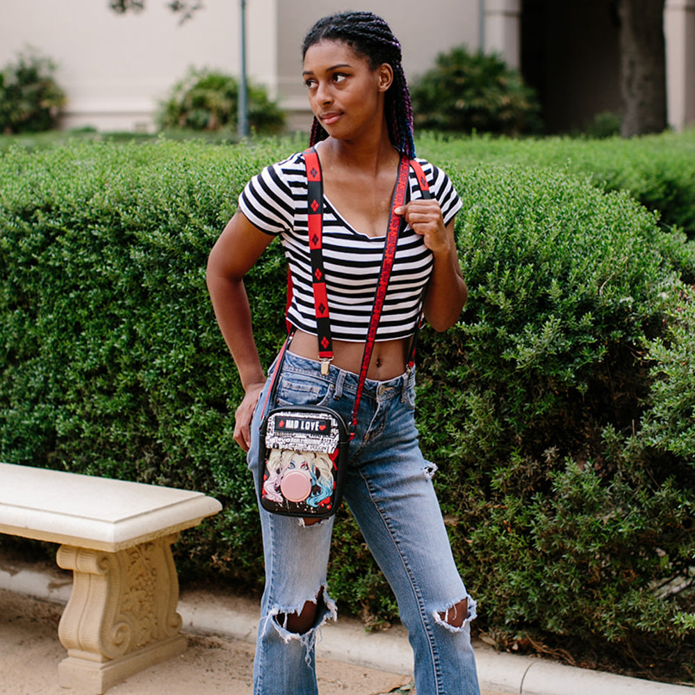 Women's Crossbody Wallet - Harley Quinn MAD LOVE Bubble Gum Pose Black Red Crossbody Bags DC Comics   