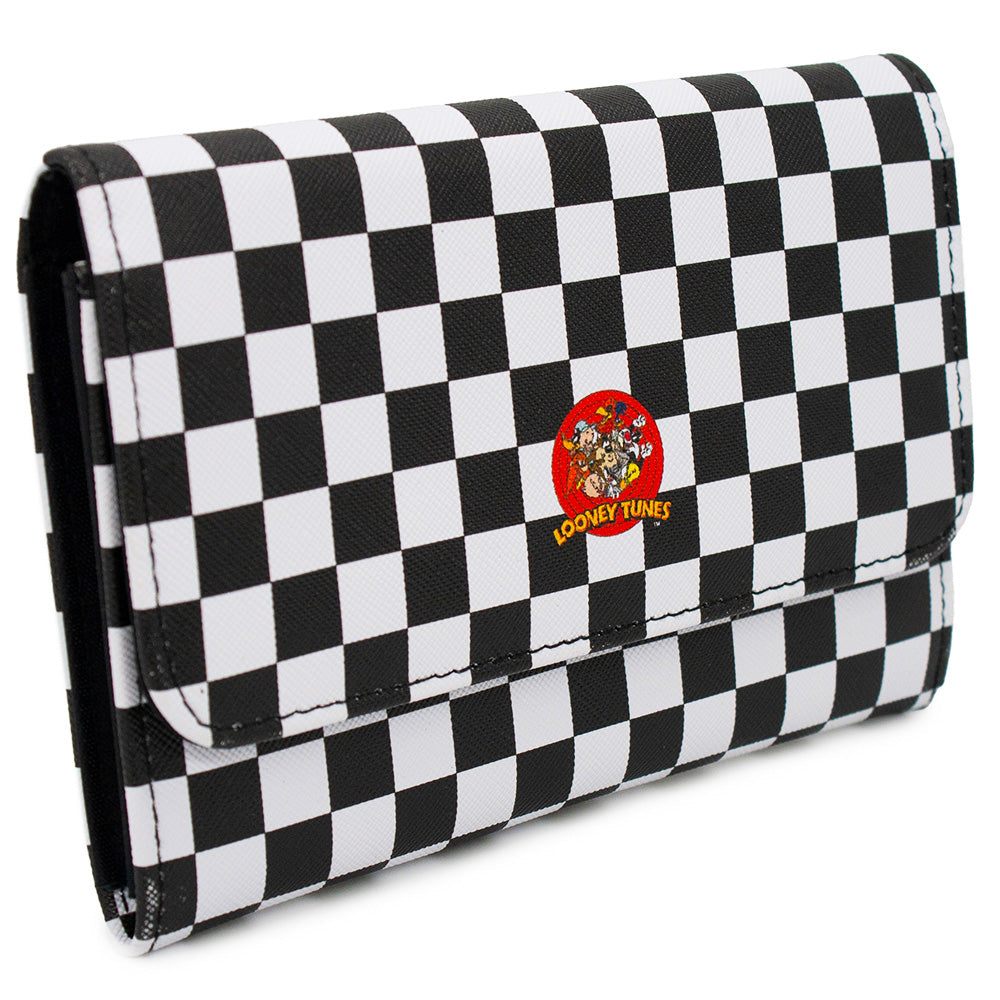 Women's Fold Over Wallet Rectangle PU - LOONEY TUNES 10-Character Bullseye Logo Checker Black White Clutch Snap Closure Wallets Looney Tunes   