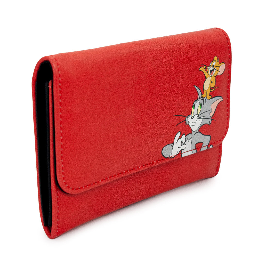 Women's Fold Over Wallet Rectangle PU - Tom and Jerry Smiling Pose Red Clutch Snap Closure Wallets Hanna Barbera