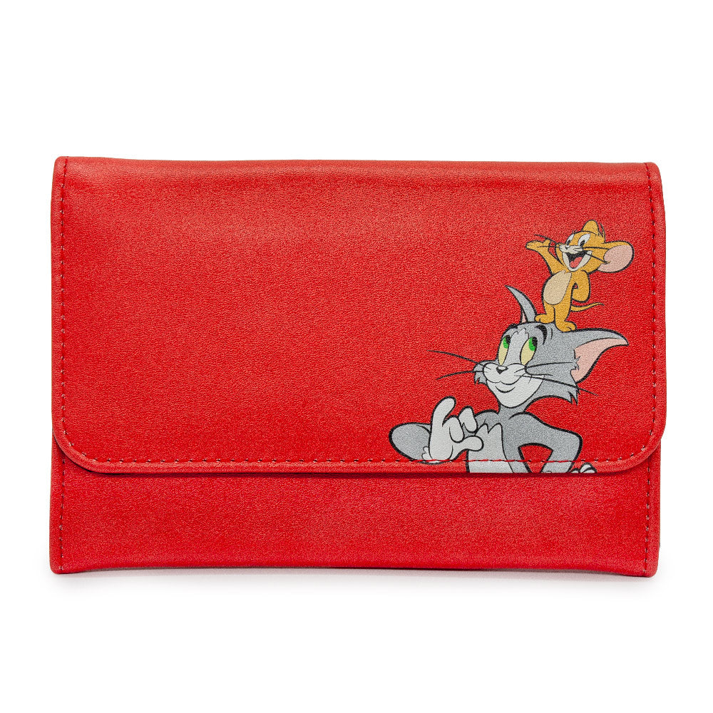 Women's Fold Over Wallet Rectangle PU - Tom and Jerry Smiling Pose Red Clutch Snap Closure Wallets Hanna Barbera