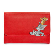 Women's Fold Over Wallet Rectangle PU - Tom and Jerry Smiling Pose Red Clutch Snap Closure Wallets Hanna Barbera