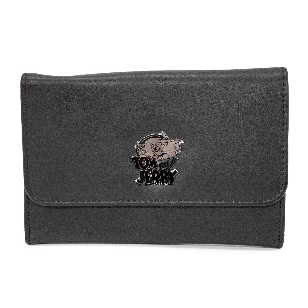Women's Fold Over Wallet Rectangle PU - TOM AND JERRY Logo Metal Emblem Clutch Snap Closure Wallets Hanna Barbera