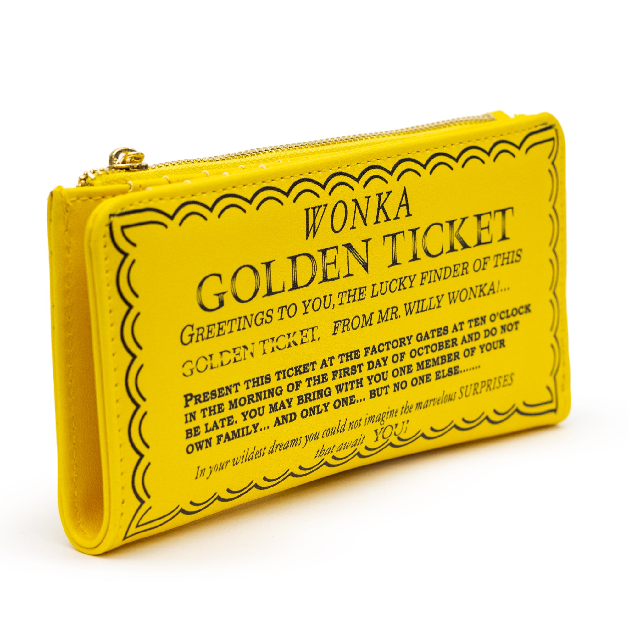 Willy Wonka Wallet, Fold Over, Snap Pouch, Chocolate Factory Golden Ticket Text, Yellow, Vegan Leather Clutch Snap Closure Wallets Willy Wonka and the Chocolate Factory