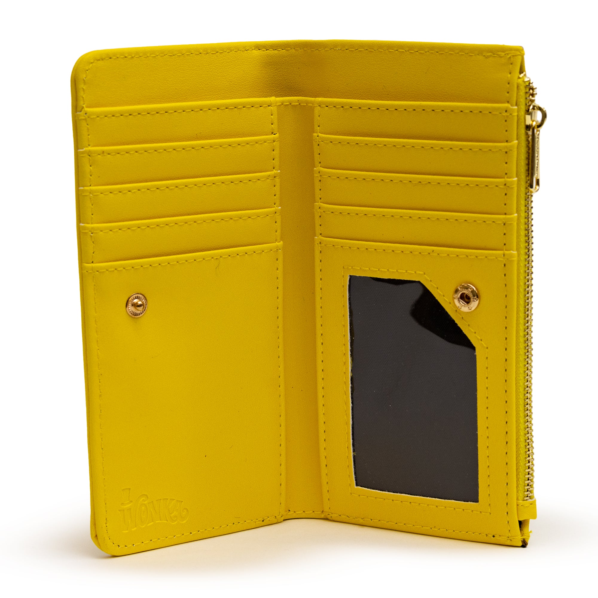 Willy Wonka Wallet, Fold Over, Snap Pouch, Chocolate Factory Golden Ticket Text, Yellow, Vegan Leather Clutch Snap Closure Wallets Willy Wonka and the Chocolate Factory