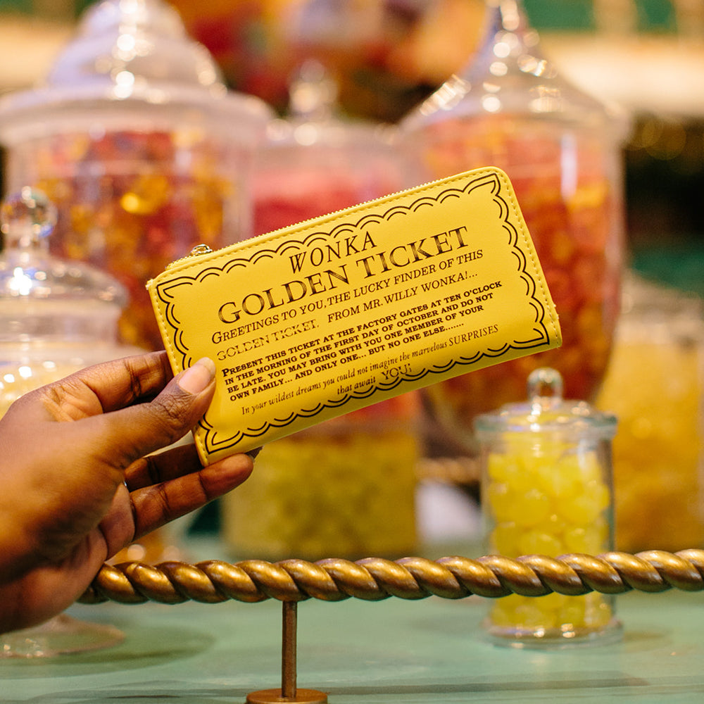 Willy Wonka Wallet, Fold Over, Snap Pouch, Chocolate Factory Golden Ticket Text, Yellow, Vegan Leather Clutch Snap Closure Wallets Willy Wonka and the Chocolate Factory