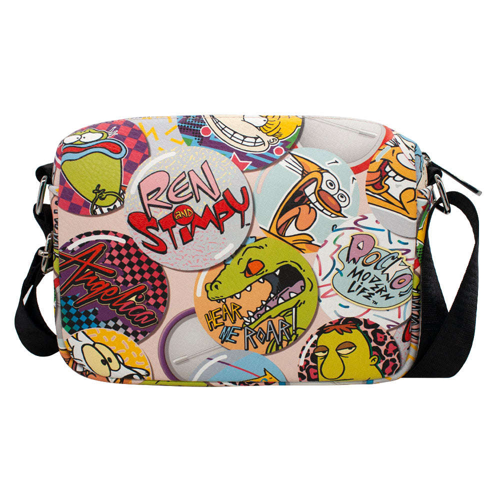 Women's Horizontal Crossbody Wallet - Nick 90s Character and Logo Buttons Stacked Pink Crossbody Bags Nickelodeon   