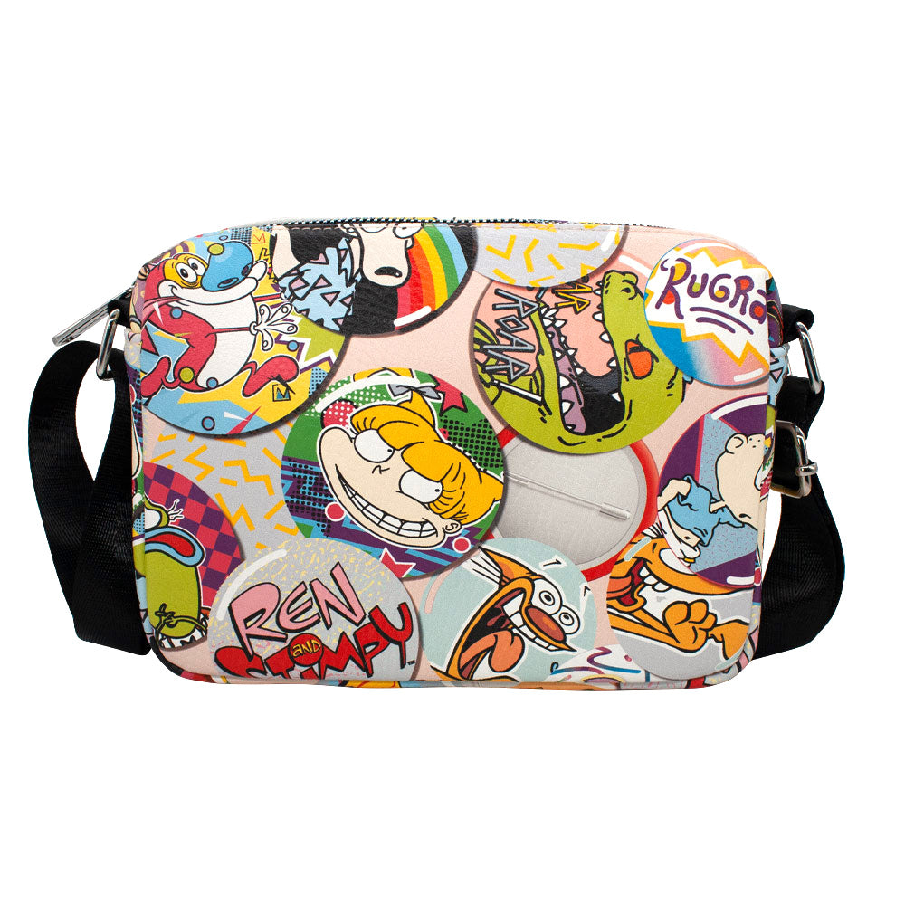 Women's Horizontal Crossbody Wallet - Nick 90s Character and Logo Buttons Stacked Pink Crossbody Bags Nickelodeon   