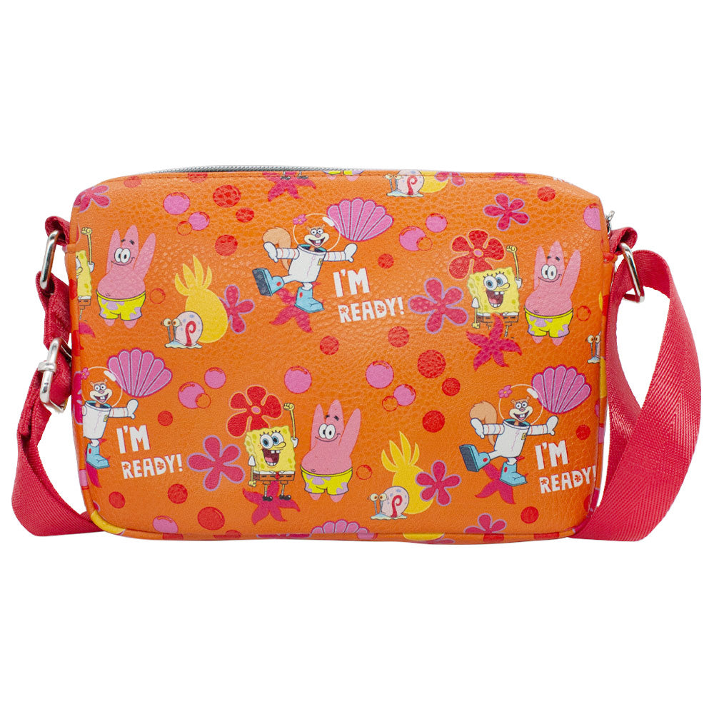 Women's Horizontal Crossbody Wallet - SpongeBob and Friends I'M READY Poses Flower and Bubbles Collage Orange Crossbody Bags Nickelodeon   