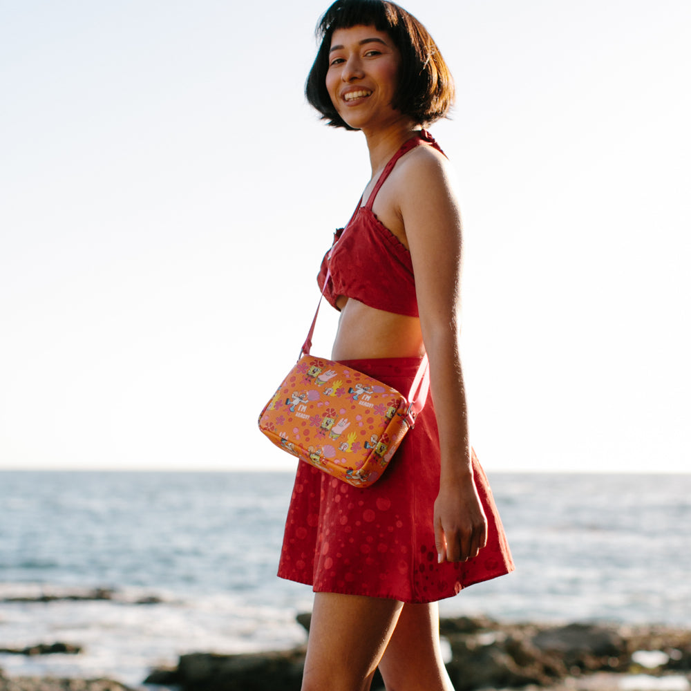 Women's Horizontal Crossbody Wallet - SpongeBob and Friends I'M READY Poses Flower and Bubbles Collage Orange Crossbody Bags Nickelodeon   