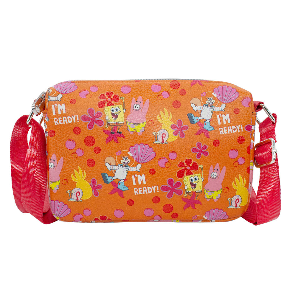 Women's Horizontal Crossbody Wallet - SpongeBob and Friends I'M READY Poses Flower and Bubbles Collage Orange Crossbody Bags Nickelodeon   