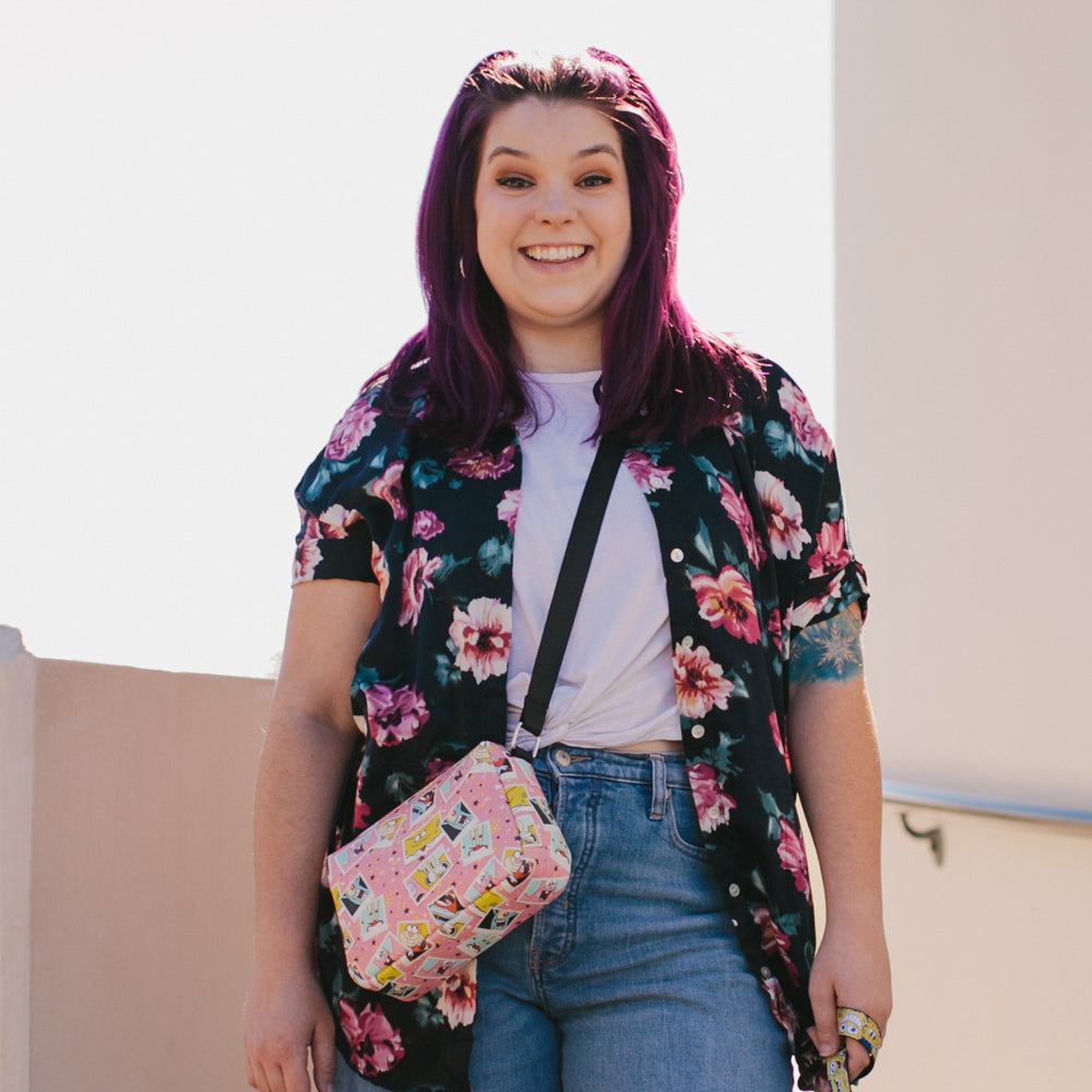 Women's Horizontal Crossbody Wallet - SpongeBob and Friends Snapshots Photos Scattered Pink Multi Color Crossbody Bags Nickelodeon   