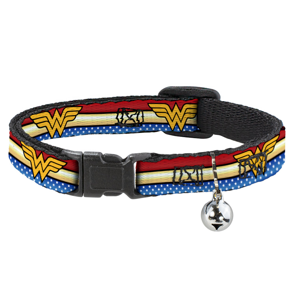 Cat Collar Breakaway - Wonder Woman Logo Stripe Stars Red Gold Blue White Breakaway Cat Collars DC Comics   