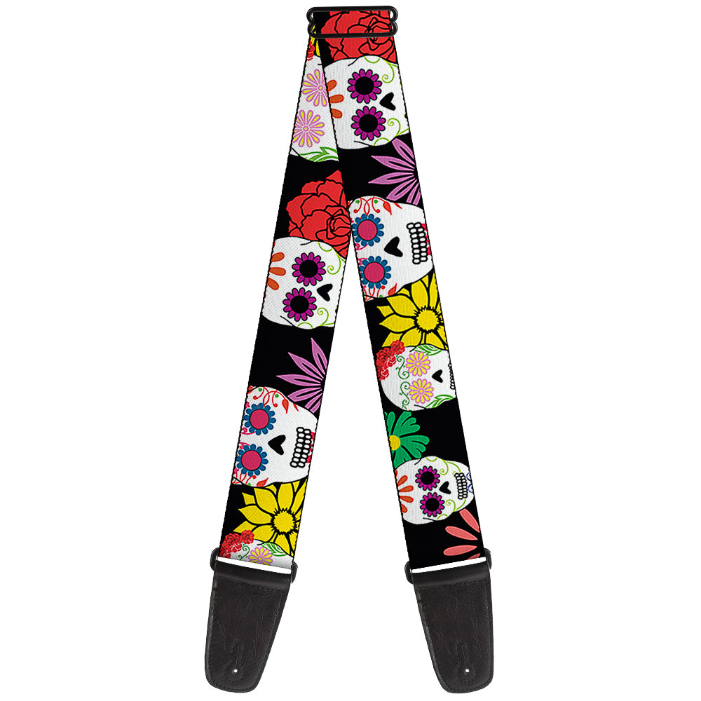 Guitar Strap - Sugar Skulls & Flowers Black Multi Color Guitar Straps Buckle-Down   